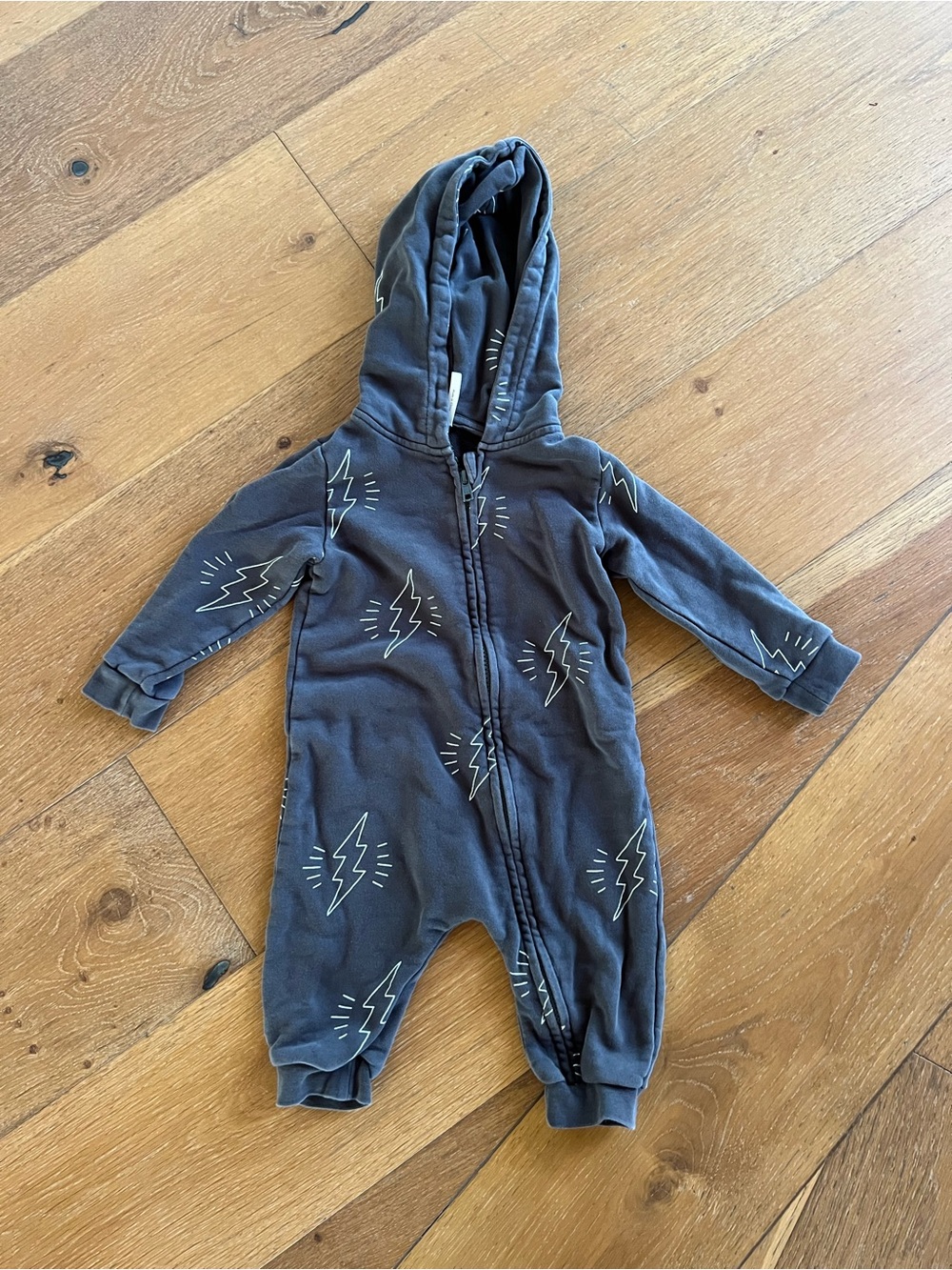 Rylee & Cru Kids Hooded One-Piece Romper in Charcoal with Lightning Print